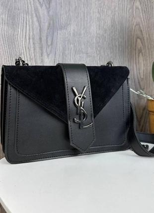 Подарунковий жіночий набір ysl: замшева чорна сумочка клатч + шкіряний жіночий ремінь4 фото