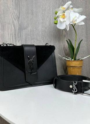 Подарунковий жіночий набір ysl: замшева чорна сумочка клатч + шкіряний жіночий ремінь9 фото