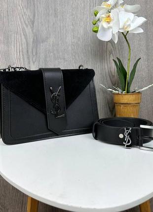Подарунковий жіночий набір ysl: замшева чорна сумочка клатч + шкіряний жіночий ремінь10 фото