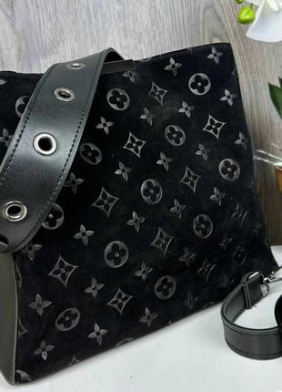 Женская черная замшевая сумка с тиснением на плечо , сумочка из натуральной замши1 фото