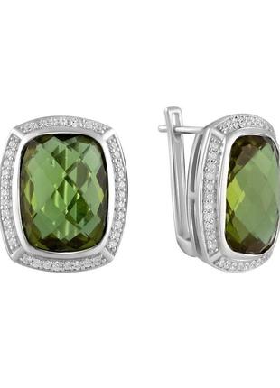 Яркие зеленые серебряные сережки с султанитом квадратные округленные серьги из серебра с большим камнем1 фото