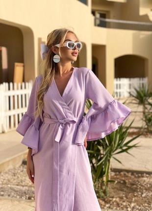 Льняное платье миди на запах7 фото