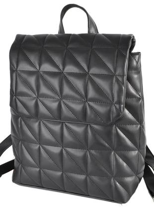 Качественный модный вместительный рюкзак женский стеганный черный отделение на молнии под клапаном