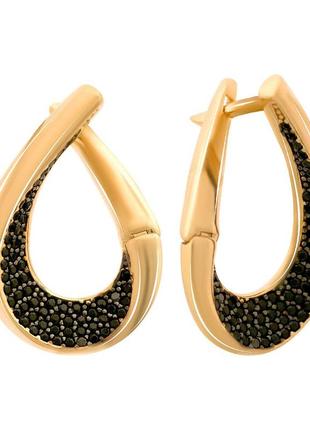 Стильные золотые сережки овальные кольца с черными камнями фианитами женские серьги в классическом стиле