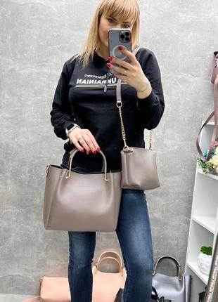 Крутой комплект 2в1 стильная вместительная женская сумка и удобный клатч высокого качества цвет бронза9 фото