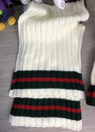 Зимовий комплект gucci winter hat knitted pompon and scarf web milky3 фото