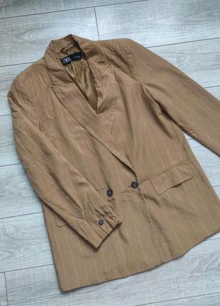 Двубортный коричневый/карамельный прямой оверсайз пиджак, жакет, блейзер в полоску zara