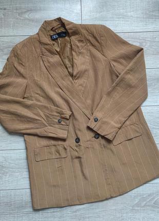 Двубортный коричневый/карамельный прямой оверсайз пиджак, жакет, блейзер в полоску zara