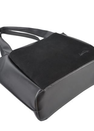 Большая минималистичная стильная сумка женская замшевая качественная на три отделения цвет черный2 фото