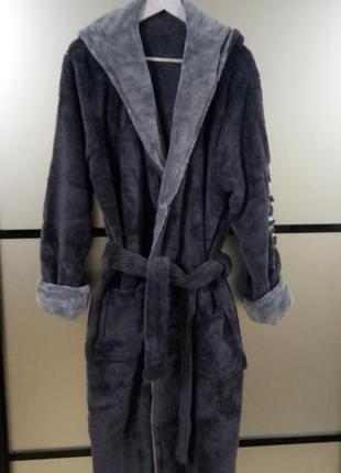 Серый теплый длинный махровый/плюш халат с капюшоном на запах s-6xl. есть цвета4 фото