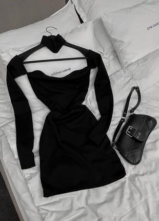 Сексуальна міні сукня облягаюча з відкритими плечима та довгими рукавами з чокером на шиї🔥6 фото