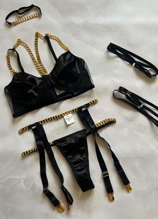 Черное сексуальное белье комплект с цепочками бюст пояс трусики трусики чокер подтяжки
