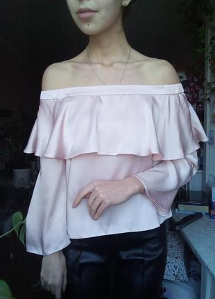 Праздничная блуза с открытыми плечами, нарядная блузка сатиновая, блуза с длинным рукавом1 фото