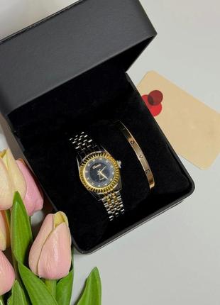 Часы женские наручные кварцевые цвет  серебристый с золотистыми вкраплениями в подарочной шкатулке в наборе5 фото
