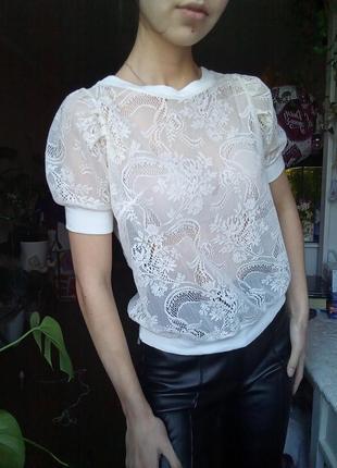 Кружевная блузка с рукавом фонарик, ажурная блуза молочного оттенка, блузка в сеточку1 фото