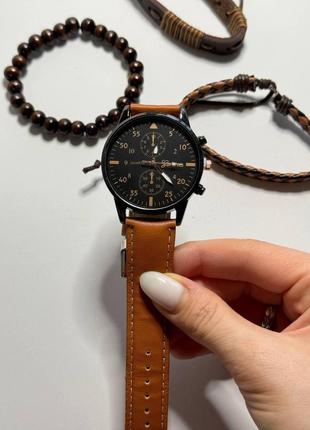 Годинник чоловічий наручний кварцовий колір коричневий у комплекті з браслетами 3 шт. у подарунковій коробці7 фото
