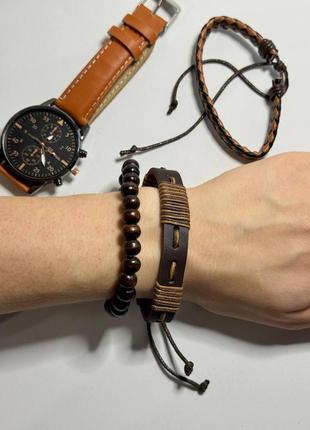 Годинник чоловічий наручний кварцовий колір коричневий у комплекті з браслетами 3 шт. у подарунковій коробці8 фото