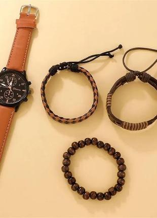 Годинник чоловічий наручний кварцовий колір коричневий у комплекті з браслетами 3 шт. у подарунковій коробці3 фото