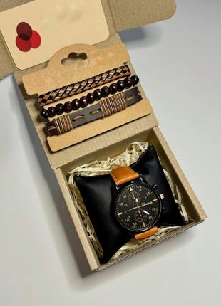 Годинник чоловічий наручний кварцовий колір коричневий у комплекті з браслетами 3 шт. у подарунковій коробці5 фото