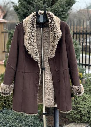 Cтильная удлиненная теплая дубленка пальто шубка женская f&f xl