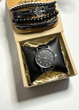 Годинник чоловічий наручний кварцовий колір чорний у комплекті з браслетами 4 шт. у подарунковій коробці7 фото