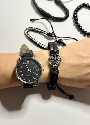Годинник чоловічий наручний кварцовий колір чорний у комплекті з браслетами 4 шт. у подарунковій коробці4 фото