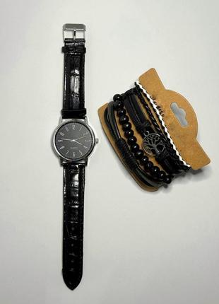 Годинник чоловічий наручний кварцовий колір чорний у комплекті з браслетами 4 шт. у подарунковій коробці9 фото