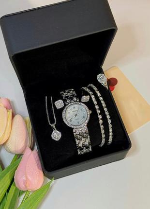 Розкішний годинник жіночий наручний кварцовий колір сріблястий у каменях у комплекті з сяйливими браслетами сережки2 фото
