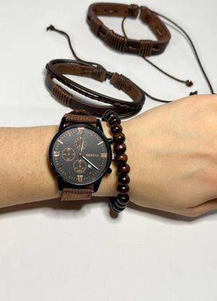 Часы мужские наручные кварцевые цвет темно коричневый в комплекте с браслетами 3 шт в подарочной коробке7 фото