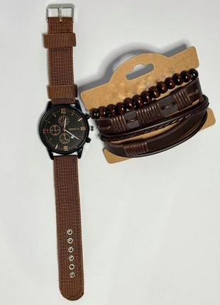 Часы мужские наручные кварцевые цвет темно коричневый в комплекте с браслетами 3 шт в подарочной коробке5 фото