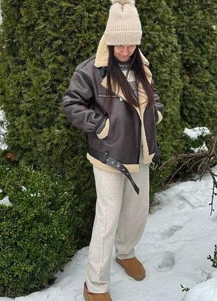 Тепла зимова шкіряна коричнева дублянка з екошкіри на хутрі
