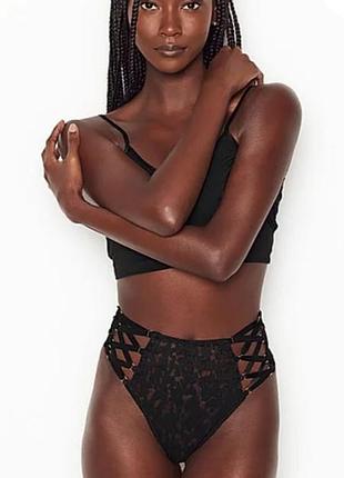 Трусики тонг высокой посадки victoria's secret lace-up high-waist thong (черные)