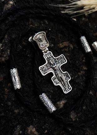 Серебряный крестик и шнурок со вставками из серебра 925 пробы с чернением  846/3+кр0194