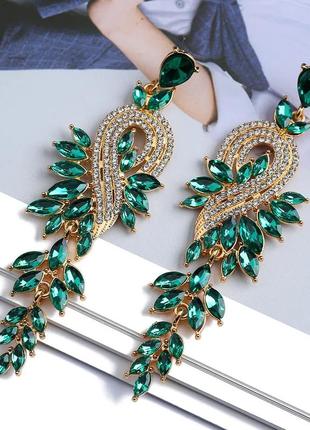 Жіночі сяйні сережки підвіски декор яскраві камені зеленого кольору