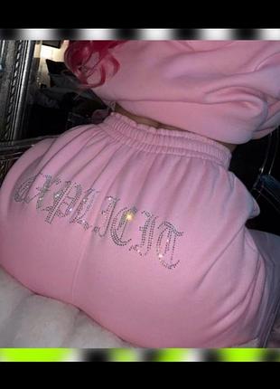 Рожеві спортивні штани джогеры зі стразами теплі на флісі juicy couture