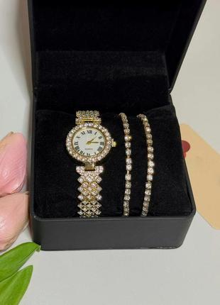 Годинник жіночий наручний кварцовий цвіт золотистий у камінні з браслетами 2 шт. у подарунковій скриньці6 фото