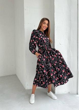 Сукня жіноча міді штапель рукав фонарик бокові кишені