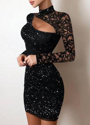 Стильное платье с люрексом и кружевом, черное женское нарядное платье, мини платье3 фото