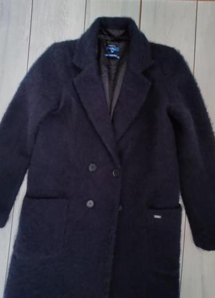Качественное женское синее шерстяное пушистое пальто8 фото