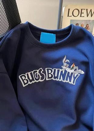 Свитшот на флисе с принтом нашивкой бакс баны bugs bunny кофта синий серый спортивный стильный трендовый4 фото