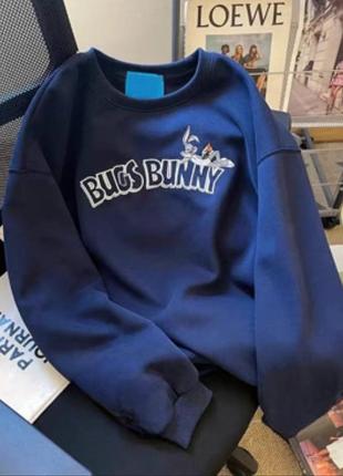 Свитшот на флисе с принтом нашивкой бакс баны bugs bunny кофта синий серый спортивный стильный трендовый