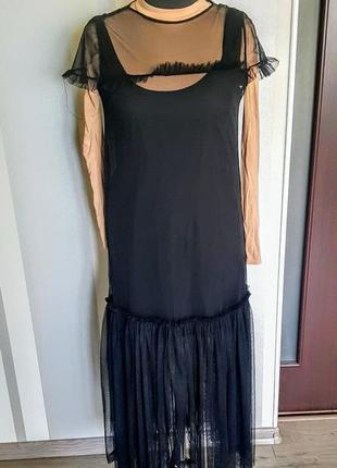 Шикарное чёрное платье из прозрачной сетки с рюшем с чехлом подкладки