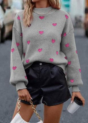 Вязаный свитер с принтом сердечко рукава фонарики свободный светер черный розовый серый теплый зимний трендовый стильный