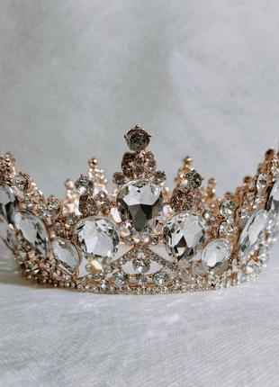 Корона з камінням swarovski золото 13х7.2 см корона для торжества корона з камінням swarovski для випускного