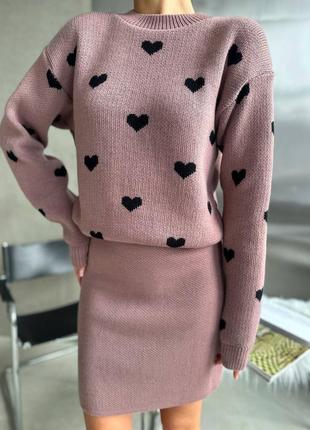 Костюм сердце вязаный вязка женский теплый юбка юбка мини короткая кофта свитер с сердечками комплект5 фото