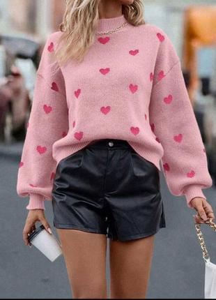 Вязаный свитер с принтом сердечко рукава фонарики свободный светер черный розовый серый теплый зимний трендовый стильный