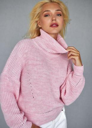 Теплый вязаный укороченный свитер с горлом5 фото
