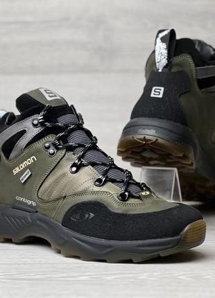 Спортивные кожаные ботинки, кроссовки термо salomon contagrip gore-tex olive