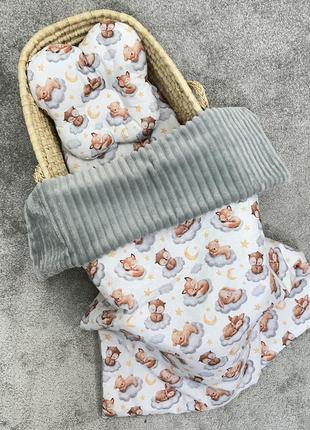 Набор в коляску комплект постельного детского белья в коляску простынь, подушка, одеяло плюш