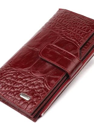 Місткий вертикальний гаманець із натуральної шкіри з тисненням під крокодила canpellini 21644 бордовий
